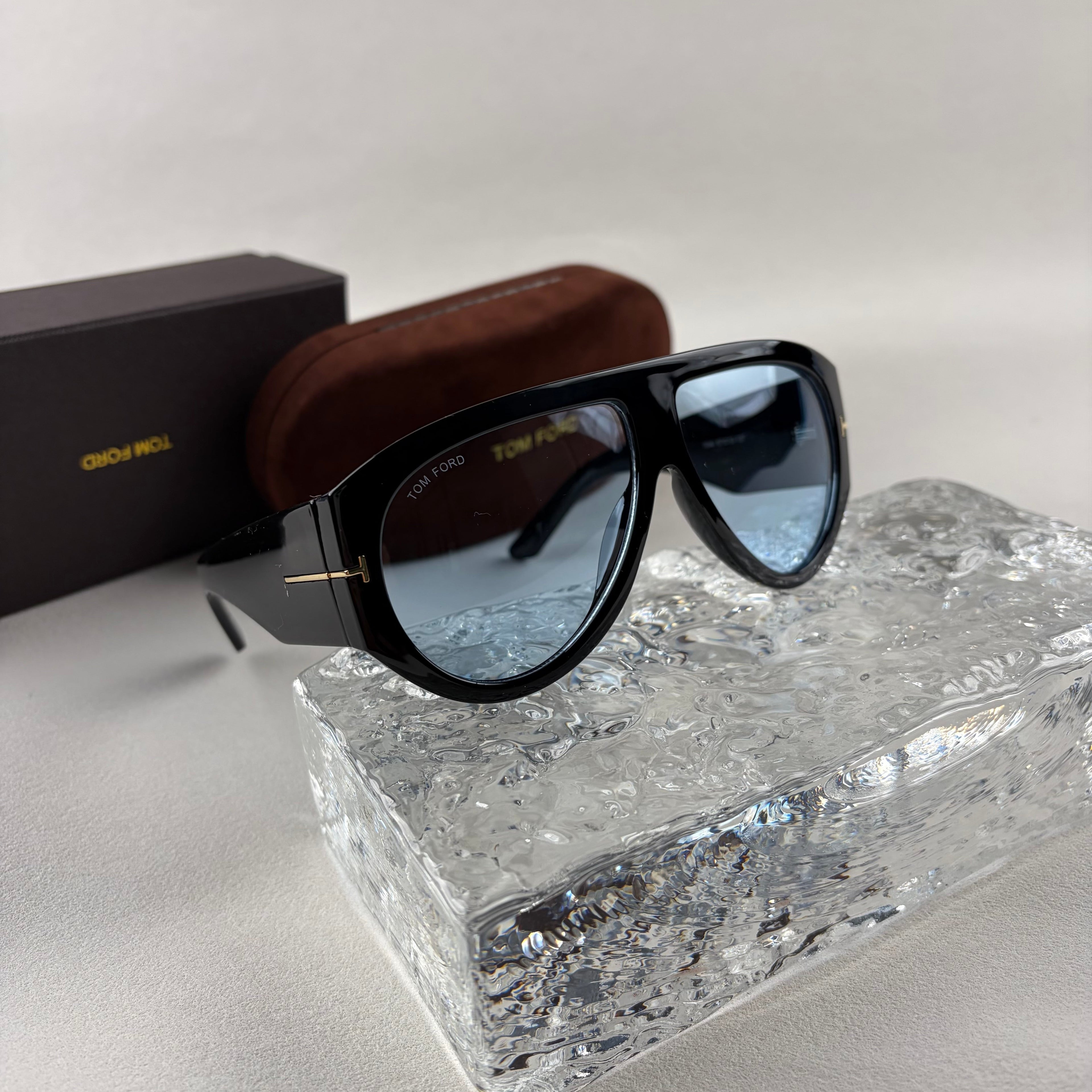 Modern Oversized Aviator Sunglasses, Glossy Black Frame & Blue Lens