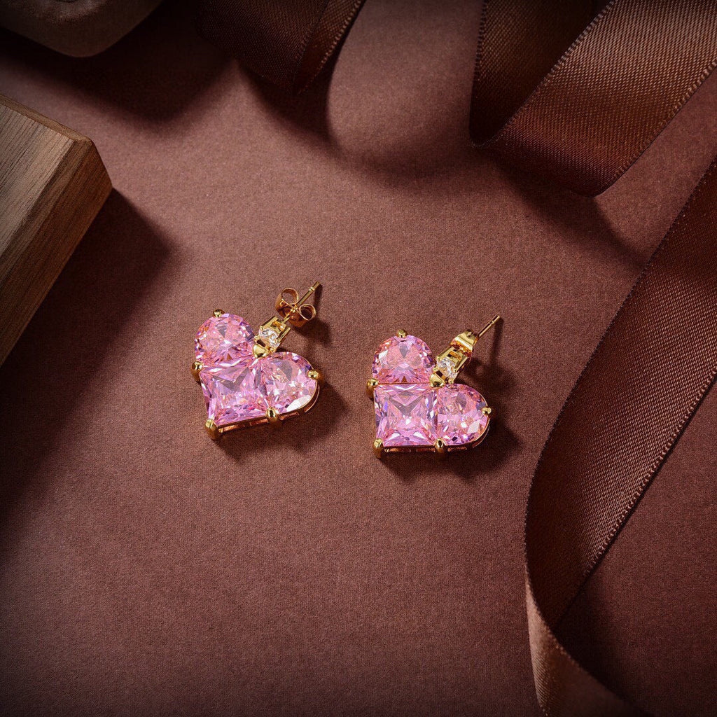 18K Celine Pink Crystal Heart Earrings