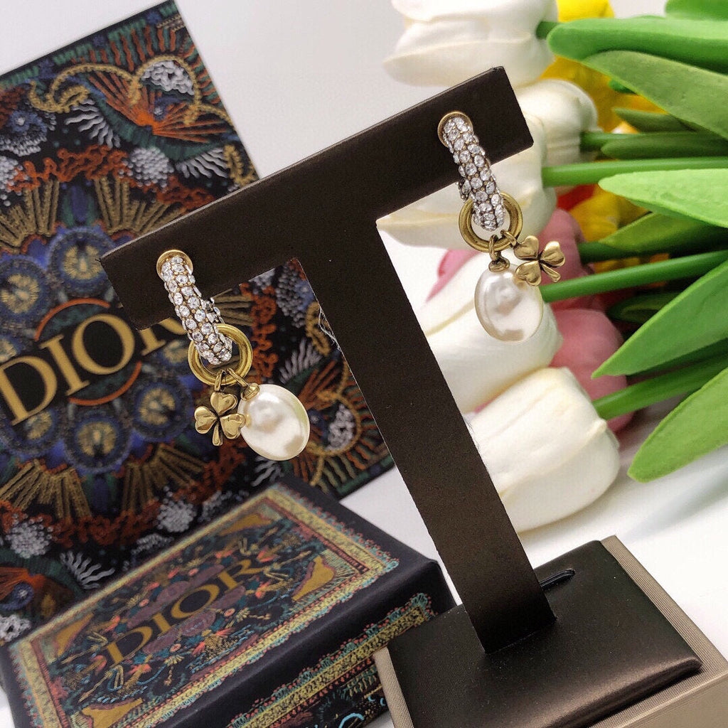 18K Dior March Grass Pearl Crystals Earrings