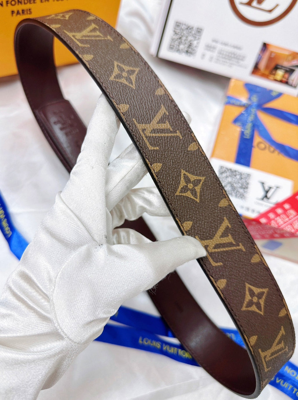 Monogram Leather Belt with Gold Geometric Buckle